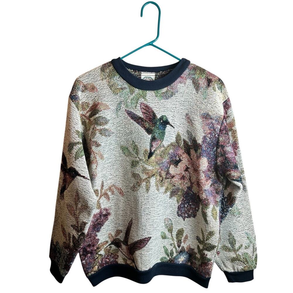 Vintage Sugar Street Weavers Tapestry Hummingbird Garden Whimsical Sweater